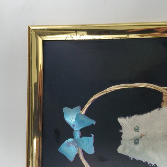 Vtg 80s cat in a basket foil framed art ltd #6013 kafka industries - Picture 4 of 6
